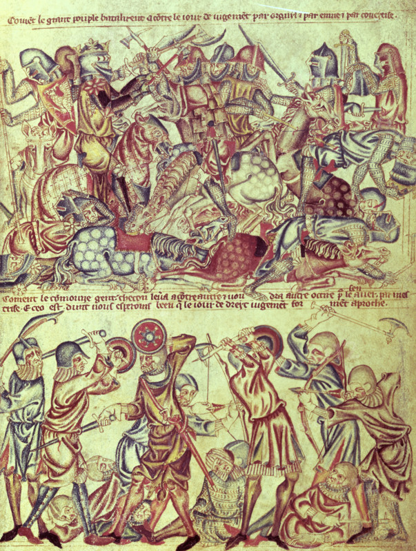 Knights and foot soldiers engaged in battle, c1320-1330. Above; the peers fight each other on horseback. They wear full armour, including bascinets with large moveable visors; one carries a shield with a wyvern, another has a spiked poleyn on his knee. The king has a visor with a grilled sight, and star-shaped ailettes on his shoulders. The weapons are axes, falchions and straight swords. Below, the commoners fight each other on foot. Their armour is lighter, including bascinets without visors. The weapons illustrated are a falchion, a glaive, swords, axes, and two bows, with arrows. From The Holkham Bible Picture Book.