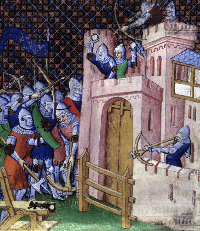 Siege scene, c1415. Bows and arrows and crossbows are used by both sides. The defenders throw rocks at the attackers. The image illustrates the campaign undertaken by King Phillip Augustus of France and Prince Richard Plantagenet (the future Richard I of England) against the latter's father, Henry II of England, in the Summer of 1189, which resulted in the capture of Tours and Le Mans. The attacking figures clearly represent the armies of France, since their banner bears the symbol of the Fleur-de-lis, but it is not clear whether the image shows Tours or Le Mans. From a different perspective, the picture illustrates a siege scene typical of circa 1410-1420, when the manuscript itself was actually made, with the soldiers equipped with arms and armour with which Henry V would have been familiar. There is even a small bombard, or cannon, mounted on a frame in the foreground at bottom left - even though such devices were entirely unknown during the 12th century, when the event took place.