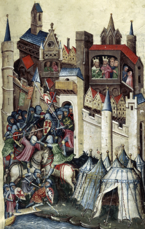Encampment of the Greeks, and battle outside Troy, 15th century. Royals and their courtiers look on in concern as their soldiers try to repel the invading army. From the Second Siege of Troy, Les Livres des Histoires.