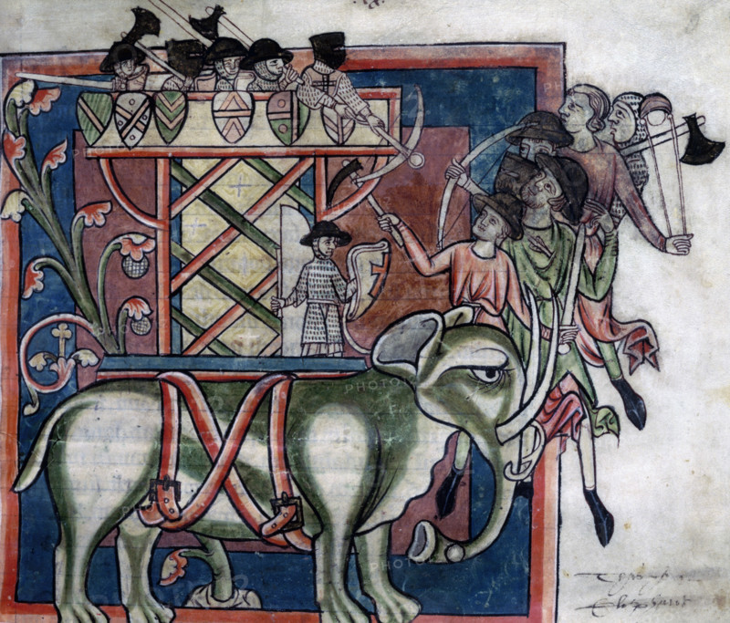 An elephant with a wooden tower on its back, c1235? Elephant used in siege tactics, carrying soldiers with crossbows and other weapons. From a bestiary.