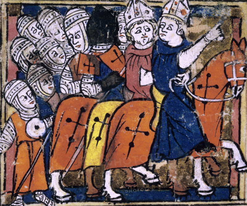 Crusaders in mail armour go to war, early 14th century. Bishops lead soldiers during the invasion of Palestine. From Abreviamen de las Estorias. a summary of Universal History, from the creation of the world to the death of the Emperor Henry the Seventh [1314].