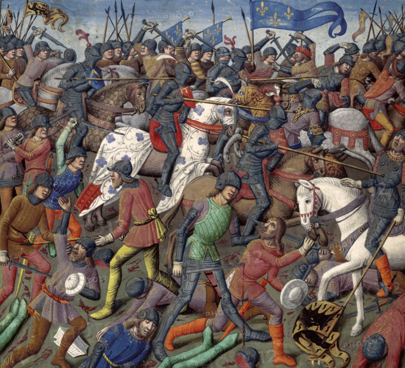 Battle scene, c1470. Soldiers stab each other with swords and run each other through with spears; the dead and wounded litter the battlefield.