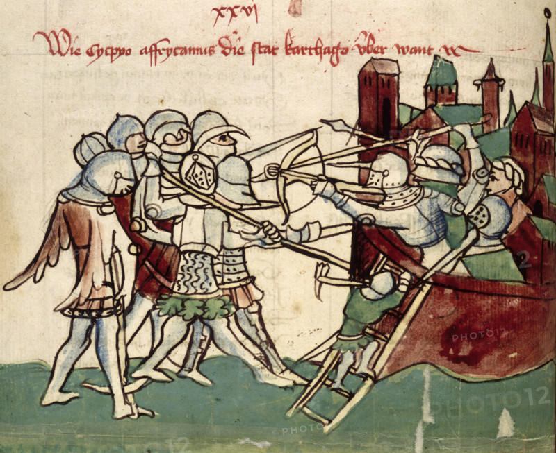 Army attacking a besieged town, 15th century. The crossbow was highly effective against heavily armoured soldiers. However, its archers were vulnerable in close combat, as they were generally only lightly protected.