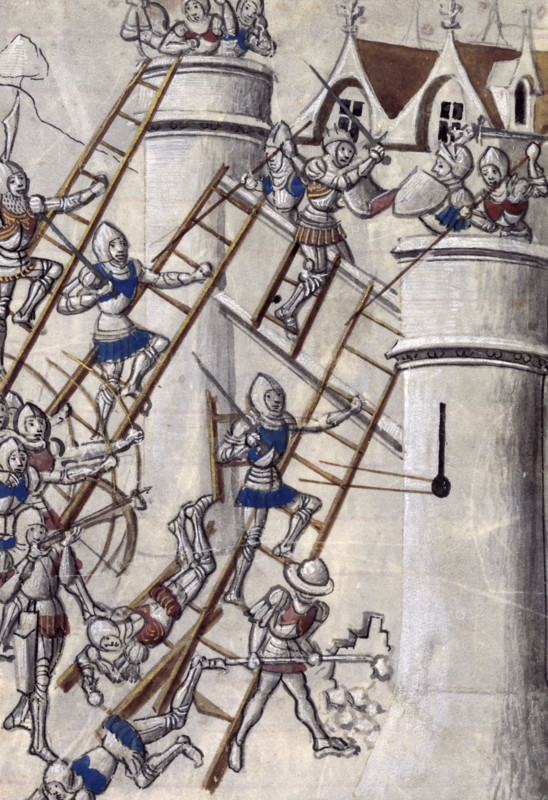 Storming a castle by escalade, c1470. The attackers use the method of escalade - to attack the wall using scaling ladders or siege towers. The diversion allows a sapper to make a breach in the base of the wall.