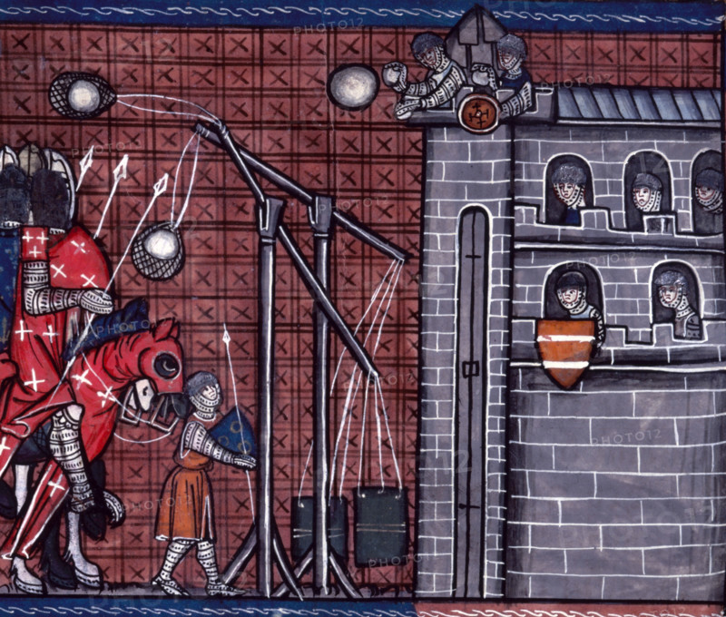 Siege of La Rochelle, c1325-c1350. Trebuchets in action. These were a sort of catapult which were used to launch missiles, such as large stones, at the enemy. Here a round stone sails towards the defenders, who are throwing smaller stones at the attackers. The siege of La Rochelle of 1224 was the decisive engagement in the campaign between the Capetians and the Plantagenets for control of Poitou. From Chroniques de France ou de Saint Denis, vol. 1.