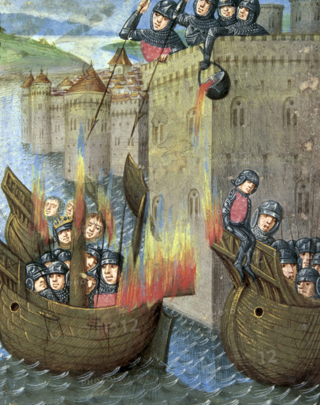 Defenders pour boiling oil onto attacking ships, c1473. Boiling oil is poured from the walls of a fortified city onto the enemy's wooden boats.