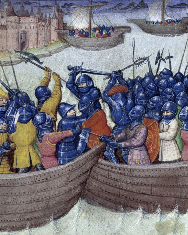 Sea battle, c1450. In naval battles, ships came as close together as possible, and the occupants used a variety of weapons for fighting on foot. Once one side had overpowered the other, the victors threw their opponents overboard, unless they were important enough to command a ransom. From Roman de Mélusine.