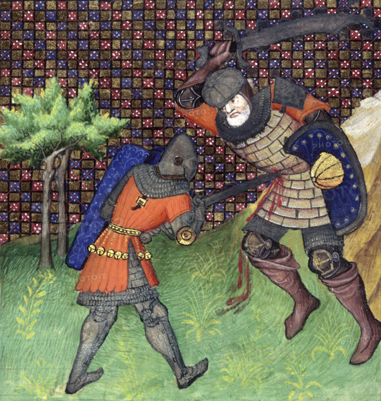 Two knights fighting, c1415. Their armour includes scale, mail and plate, which in the case of the man on the right, has proved inadequate.