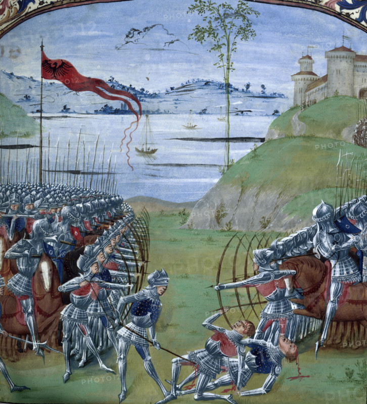 Caesar and Pompey fighting the Gauls, 1473. Two opposing armies face each other. Rows of archers are in the front line, with the cavalry behind. The scene depicted is very neat and orderly, whereas in reality a medieval battle would have been a far more chaotic affair. From The Commentaries of Caesar, translated by Jan Du Quesne (Bellum Gallicum) (Les commentaires de Cesar).