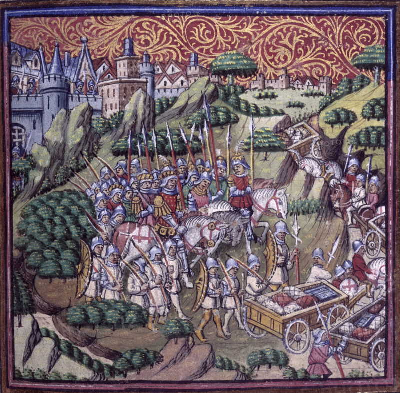The army of the King of Sicily, riding away from a city, c1500. An army on the move with its baggage train. From The Three Kings' Sons.