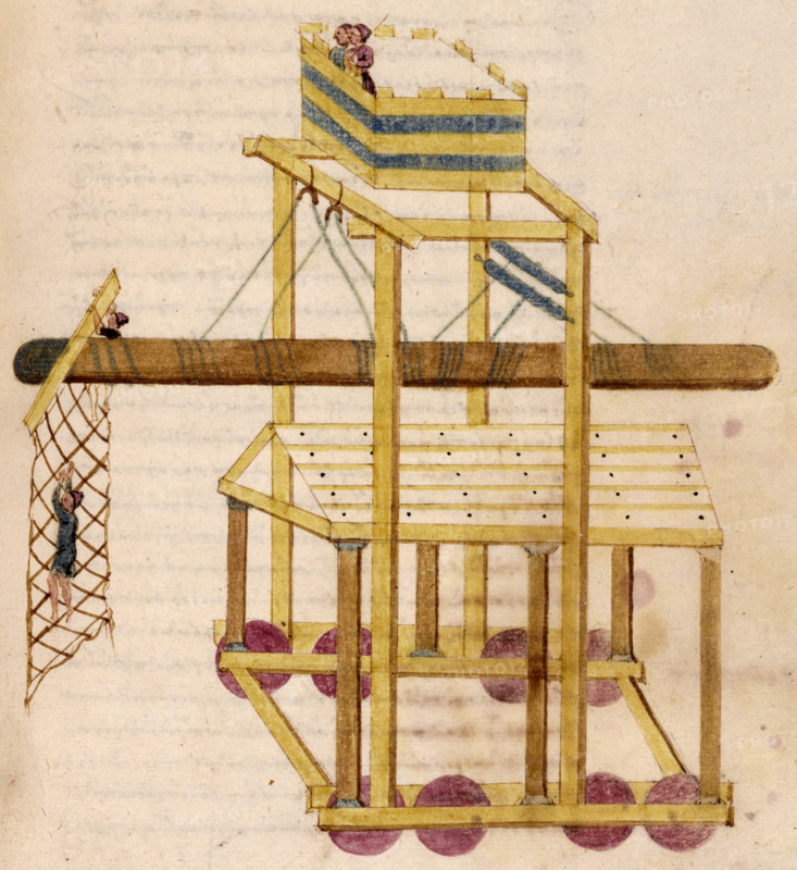 A siege tower, 16th century. A battering-ram is suspended from ropes, with a netted crossbeam to be used for scaling walls. The enclosed area on top of the tower provides shelter for observing the enemy. Such a tower would have needed a hundred men to move it. Illustration copied from an 11th century Greek manuscript, mainly for educational interest, as such machines were no longer used in the 16th century.