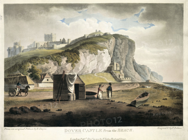 'Dover Castle from the Beach', Dover, Kent, 1801. Two men standing beside a hut, one carrying a fishing net. A horse and cart approach from the left. The castle is seen on the cliff above.