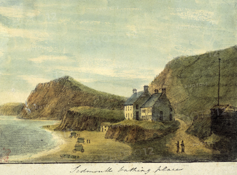 'Sidmouth Bathing Place', Devon, 1797. The first of Jane Austen's family seaside trip, during the summer of 1801, seems to have been to Sidmouth, Devon. Austen used her memories of the family holidays when she wrote "Persuasion". Note bathing machines on the beach.