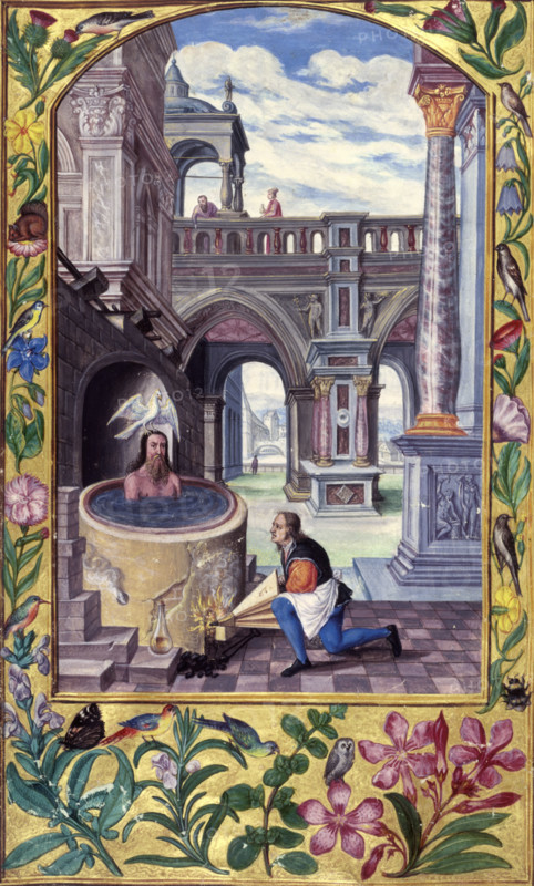Alchemical process, 1582. Aeson, (with the dove of the Holy Spirit on his head?), is rejuvenated by having his blood replaced by magic juices in a boiling vat; representing the process of self-destruction in order to attain the elixir of life. An alchemist or a servant is fanning the fire under the tub with a pair of bellows. The scene takes place within a courtyard decorated with ornate marble columns, borders decorated with birds and flowers. Possibly an illustration of the Seventh Parable. This is a miniature from "Splendor solis" (The Splendour of the sun), showing a stage in the alchemical process which draws on visual representations of the Baptism of Jesus.