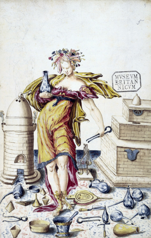 A woman surrounded by alchemical instruments. She holds a flask and a pair of tongs. To the left is a furnace, with a small flame at the bottom and smoke rising from two outlets at the top. On the floor lies a pair of bellows, a pestle and mortar,   weighing scales, a funnel, tongs, and various flasks. The woman wears a wreath of flowers in her hair and roman sandals.