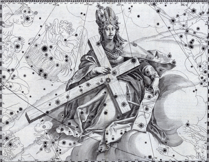 Cygnus as the Holy Cross, 1627. The allegorical figure of Cygnus sits amongst clouds holding the cross. Cygnus is a large northern constellation, also called the swan. The German scholar Julius Schiller christianised the map of the heavens and stars. The classical imagery of the star groups was replaced by religious imagery. Therefore the northern heavens were given New Testament imagery, and the southern heavens were given Old Testament imagery. However his contemporaries were not convinced, perhaps because of the strong Catholic influence in the images. They preferred to adhere to the traditional classical images. From "Coelum Stellatum Christianum".