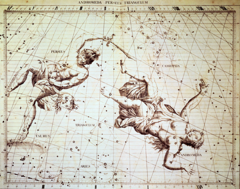 The star constellations Perseus and Andromeda, 1729. Perseus is holding the head of Medusa, the gorgon he beheaded. Around Andromeda's wrists are broken chains. She had been intended as a sacrifice for a sea monster, however Perseus rescued her, and married her. Above her is the constellation Cassiopeia, who was Andromeda's mother. From "Atlas Coelestis" by John Flamsteed, the astronomer royal. The Royal Observatory at Greenwich was built and equipped for him.
