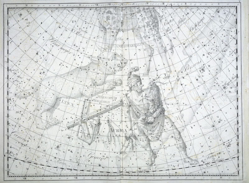 The constellation Auriga, 1801. Auriga is depicted as a charioteer and holding a small goat, Capella. To the left is the constellation Lynx. Although depicted as an animal, it is not named after one; but after the astronomer Hevelius who invented it, because he said that anyone who wanted to study the stars needed good eyes like a lynx. On the right is the faint outline of the constellation Perseus. From "Uranographia" by Johann Bode. In order to catalogue the stars that lay outside of constellations he suggested creating constellation boundaries. As a result of this the sky started to be defined into specific regions.