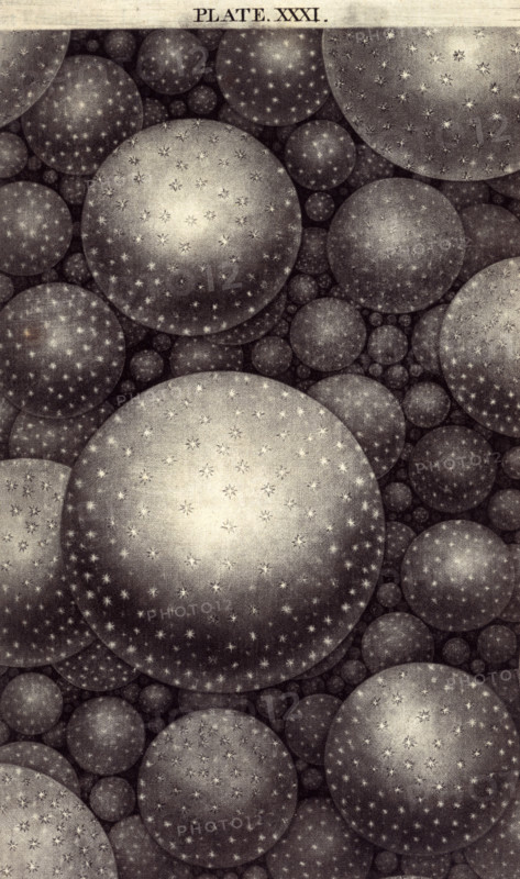 The Cosmos, 1750. Depiction of the various star constellations in the sky by the instrument-maker and amateur astronomer, Thomas Wright who attempted to rationalise the vastness of the cosmos. He theorised that the cosmos may well be infinite, and that what we can see of the sky from the earth, may only be a small part of what is actually there. Wright suggested that the concentration of stars in the Milky Way could well be replicated throughout the universe. His theories were possible because of the Copernican revolution and the invention of the telescope, both of which enabled scientists to consider possibilities that had never been thought of before. Wright's ideas can be seen in some ways as prophetic.