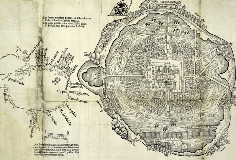 Map of Tenochtitlan, Mexico, with Gulf Coast at left, 1524. Spanish conquistador Hernando Cortes conquered the Aztec empire in 1519-1521. In the centre of the city can be seen the temples where human sacrifices took place.