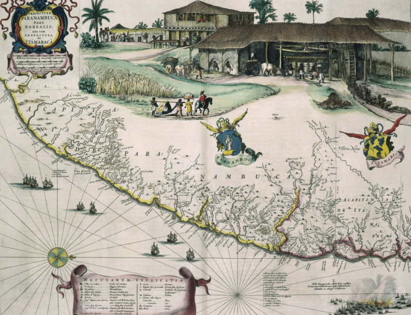Dutch map of Brazil, with view of a sugar plantation, c1720. 'Praefectura Paranambucae Pars Borealis, una cum Praefectura de Itamaraca' (Prefecture of Paranambuca [ie Pernambuco], Northern Part, together with the Prefecture of Itamaraca). Sugar cane is harvested and brought to the mill by enslaved people, who feed it into the press which is driven by water power. This was back-breaking and dangerous work. Whites can be seen in the house to the left of the sugar mill. At bottom right is a fleet of ships on fire.