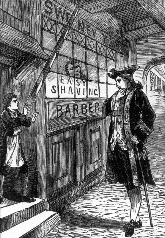 A customer outside Sweeney Todd's barber shop, c1880. The shop was a death trap for unwary customers in need of a shave. With the cry "Down you go!", his barber's chair would swing into the floor - sending his victims crashing to the cellar below. His partner in crime, Mrs Lovett, then turned their bodies into meat pies. Scene from 'Sweeney Todd, the Demon Barber of Fleet Street', possibly by Charlton Lea.