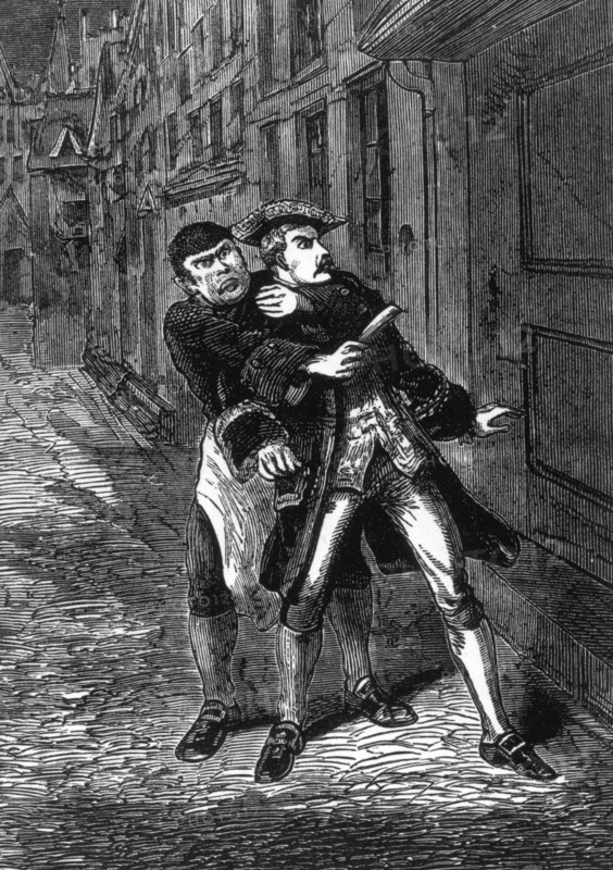Scene from 'Sweeney Todd' c1880. Sweeney Todd's barber shop was a death trap for unwary customers in need of a shave. With the cry "Down you go!", his barber's chair would swing into the floor - sending his victims crashing to the cellar below. His partner in crime, Mrs Lovett, then turned their bodies into meat pies. Scene from 'Sweeney Todd, the Demon Barber of Fleet Street', possibly by Charlton Lea.