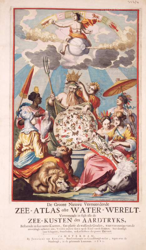 Title page from van Keulen's Chart Atlas, 1682. 'De Groote Nieuwe Vermeerderde Zee-Atlas ofte Water-Werelt. Verstoonende in sigh alle de Zee-Kusten des Aardtryks...'. King Neptune, being crowned, holds a pair of dividers over a celestial globe. Another allegorical figure studies a book of maps. They are surrounded by animals and people from around the world. The van Keulen atlas first appeared in 1681, and grew in successive editions to eventually comprise almost 400 charts covering all the oceans and seas of the known world.