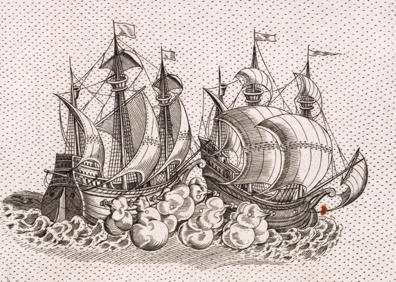 Two warships firing at each other, 1583. A pair of galleons fire broadsides at each other at close quarters. A detail from Christopher Saxton's wall map of England and Wales.