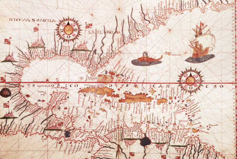 Map of the Caribbean, c1578. Showing 'Niova Spagna' ie New Spain - land conquered by the Spaniards: Hispaniola, Cuba, Florida, and the north coast of South America. A prolific Spanish chartmaker working in Messina, Sicily, Martines produced scores of highly-finished sea atlases between 1550 and 1590. It is clear from the high degree of inland detail shown, that these maps were intended to function as world atlases rather than as strictly navigational charts.