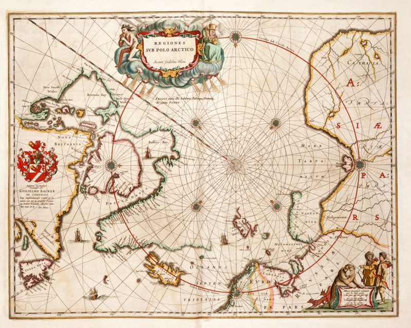 Map of the Arctic, 1662. 'Regiones sub Polo Arctico'. Despite their forbidding nature, the arctic regions constantly attracted European mariners. The great lure was the prospect of discovering new routes to the east to outflank the Spanish. This map defines the eastward and westward limits of knowledge which endured until the 19th century. Novaya Zemlya and Spitzbergen were reached by Barents in 1594-1596, while the discovery between 1610 and 1616 by Baffin and Hudson of the vast bays which bear their names set the stage for the search for a north-west passage to the Pacific.