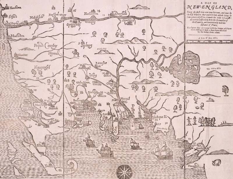 Map of New England, 1677. Self-proclaimed as the first map ever printed in America. 'Being the first that ever was here cut [ie engraved], and done by the best Pattern that could be had, which being in some places defective, it made the other less exact; yet doth it sufficiently shew the Scituation of the Country, and conveniently well the distance of Places. The figures that are joined with the Names of Places are to distinguish such as have been assaulted by the Indians from others'. From " A Narrative of the Trouble with the Indians in New England, from the first planting thereof in the year 1607 to...1677. But chiefly... in...1675 and 1676. To which is added a Discourse about the Warre with the Pequods in the year 1637". (Boston, 1677).