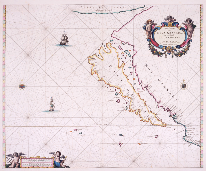 Map of California, 1666. 'Paskaerte Van Nova Granada en t'Eylandt California'. New Granada and the island of California. This map is possibly the most famous error in the history of charting. From the earliest Spanish explorers of the 1530s California was known to be a peninsula. However, a confused account of a later voyage was seized upon by an English map publisher in 1625, who proclaimed that California was 'found to be a goodly island'. This fable was established among mapmakers for almost a century.