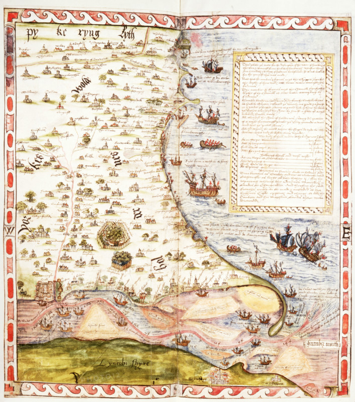 Map of the River Humber and land between Hull and Scarborough, 1579. Coloured manuscript plan of the River Humber and North Sea coast from Hull to Scarborough, with marginal notes by Lord Burghley. With particulars of the tides and a list of 'havens and Crickes on ye Northsyde of Humbre, pertening to ye Custom howse of Hull'. From Lord Burghley's Atlas.