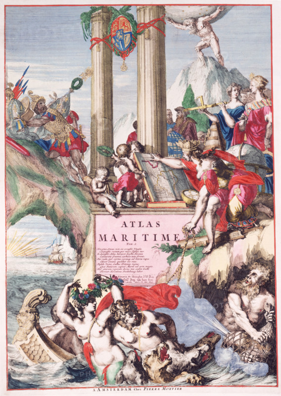 Title page of a maritime atlas, c1693-c1694. This is from volume II of the "Atlas Maritime", published in Amsterdam by Mortier. The atlas contained charts produced by Romein de Hooghe, widely regarded as one of the finest Dutch map artists.