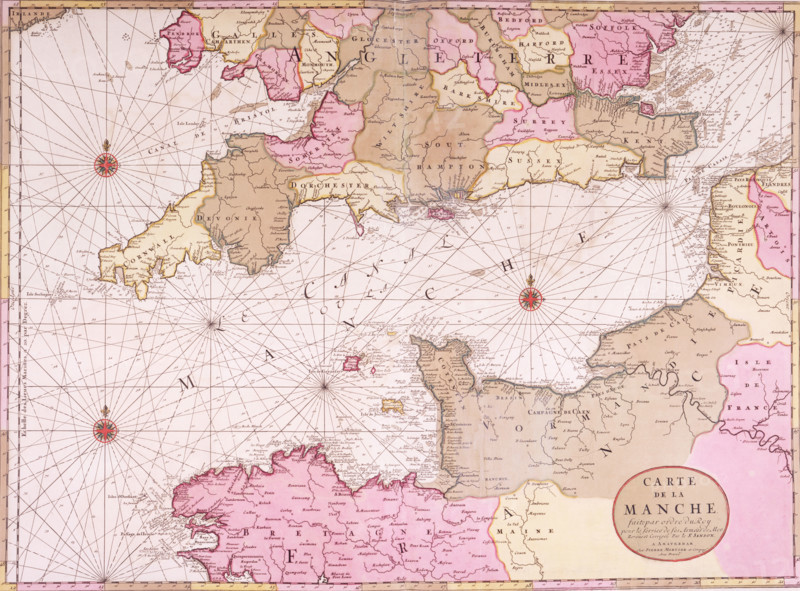 Map of the English Channel, 1693. 'Carte de la Manche'. During the reign of Louis XIV, the French initiated a state-sponsored programme to map France and its coastal waters, and by the 1690s they possessed the most accurate charts in Europe. They were tied to precise topographical surveys, were astronomically fixed, and showed an unorecedented amount of hydrographic data. The first great collection of French charts, "Le Neptune Francois", was published in Paris in 1693 under royal privilege by Charles Pene, but it was immediately pirated by the Amsterdam publisher Pieter Mortier, as seen here.