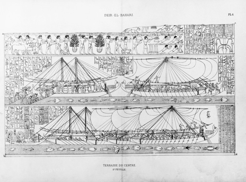 Egyptian ships, c1500 BC. These pictures, redrawn from stone reliefs on the tomb of Hatshepsut at Deir-el-Bahri, depict an Egyptian trading voyage to the land of 'Punt', possibly Ethiopia.The ships are clearly seagoing vessels, larger than the Nile felucca. On the left, sails are shown furled at the harbourside, while on the right the huge sails are being used as well as the oars. The hieroglyphic text describes the cargo, consisting of ebony, ivory, gold and a live panther.