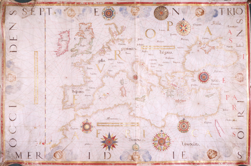 Map of Europe, 1570. The traditional portolan chart - the large, single-sheet, hand-drawn map of the Mediterranean region - still flourished a full century after the advent of map printing. It marked latitude but not longitude, was almost always drawn at a scale of 1:6 million, and lacked any interest in northern Europe. In this example, Britain and Scandinavia are inaccurately mapped, and the Baltic fades into a blank emptiness.