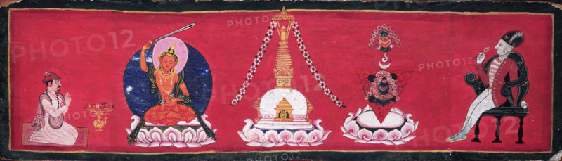 Pandit Amrtananda and Captain Knox with the Bodhisattva Manjushri (representing transcendent wisdom) and auspicious symbols, 1803. Wooden back cover of the Lalitavistara, an anonymous compilation which tells the story of the early life of the Buddha. The text was inscribed in Patan, Nepal, by the Buddhist Pandit Amrtananda for Captain W.D. Knox, the patron of the manuscript, who is described as someone whose "liberality and other virtues surpassed the Hindu divinities and proved him to be an Avatara of Buddha". Knox, an officer in the army of the East India Company, is portrayed in uniform as an avatar of Buddha. He was the first British resident in Nepal, and is depicted holding a prayer wheel. The title Lalitavistara has been translated as "the play in full".