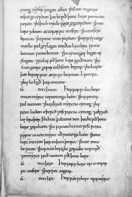 Page from the Anglo-Saxon Chronicle, 11th century. The Chronicle is a collection of manuscripts written in Anglo-Saxon which give an account of English history from the beginning of the conversion to Christianity up until 1154. This page recounts Aethelred and Alfred's defeat of the Danes in 871.