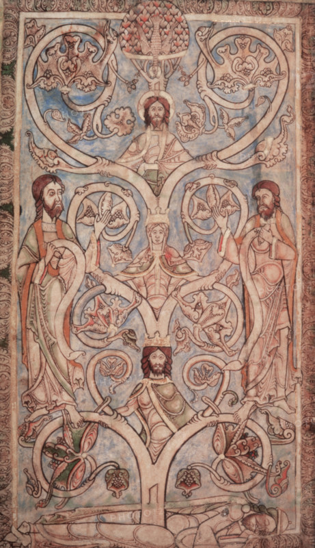The Tree of Jesse, 1121-1161. The Tree of Jesse is a diagrammatic representation, often found in medieval art, of the genealogy of Jesus Christ. It originates with Jesse, father of King David, who is depicted at the bottom, with the tree springing from his loins. Above him is David, the Virgin Mary, Christ, and at top the Holy Ghost. On either side are prophets holding scrolls. From the Winchester Psalter [Psalter of Henry of Blois; Psalter of St. Swithun], made at Winchester [Priory of St Swithun or Hyde Abbey].