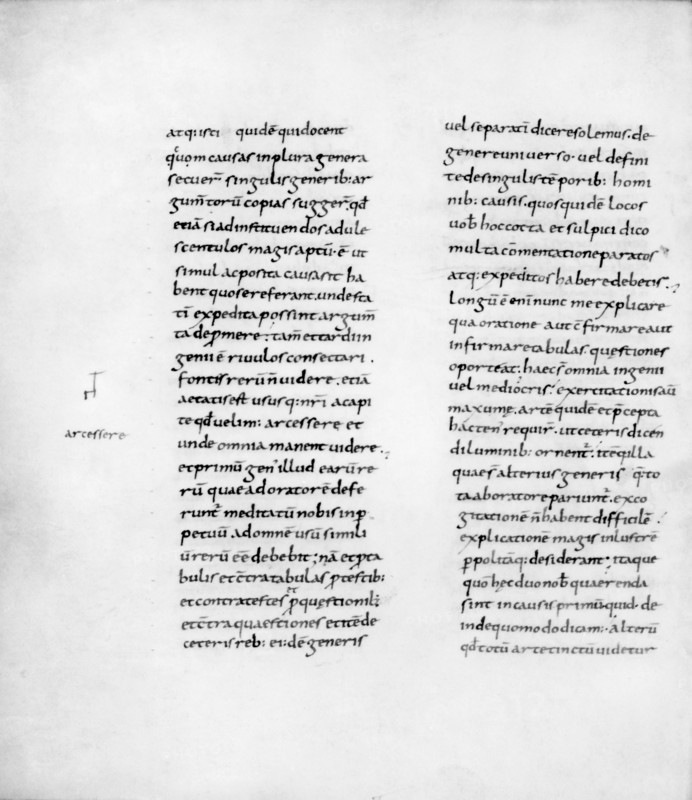 Manuscript copy of Cicero's "De Oratore", 9th century. This copy of "De Oratore", ("On being a Public Speaker"), the first book by the Roman statesman and writer Cicero, is written in the hand of Lupus of Ferrières, a 9th century French scholar and abbott.