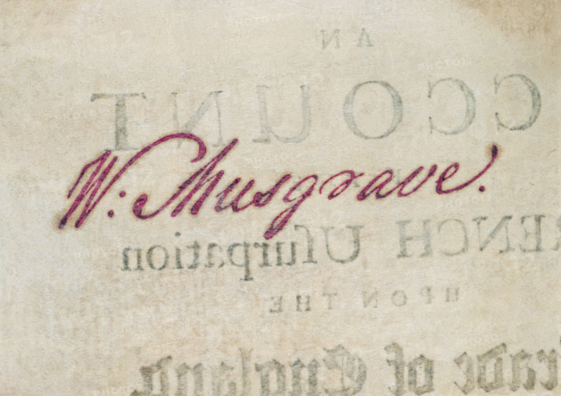 Collection stamp of Sir William Musgrave, late 18th century. Musgrave was a collector of books and prints, who became a Trustee of the British Museum in about 1784. His manuscripts and books, some donated in 1790, and others bequeathed after his death in 1799, formed the basis of the biographical collection of the Museum's library.
