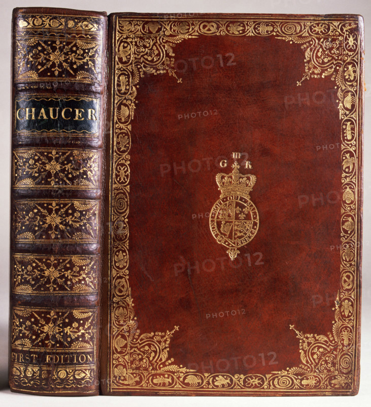 Copy of Caxton's first edition of Chaucer's "The Canterbury Tales", 1476. This book was bound, probably in the late 18th century, for King George III, as can be seen from his coat of arms and initials G R (Georgius Rex) on the front cover. George III was an avid collector of books, spending some £2000 a year on his library.