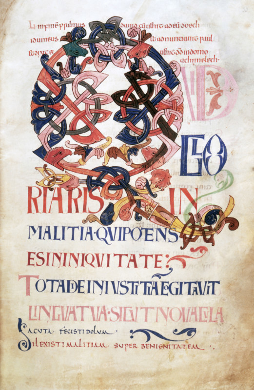 Page from the Bosworth Psalter, c980 CE.  Psalm 51, beginning with initial 'Q', decorated with elaborately knotted double-stranded interlace and three-dimensional acanthus leaves. From an Anglo-Saxon psalter of Benedictine use.