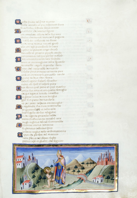 The renunciation of Francis before a bishop, 1444-c1450. The naked saint kneels before a bishop. Manuscript with miniature, Sienese. From Dante's "Divina Commedia".