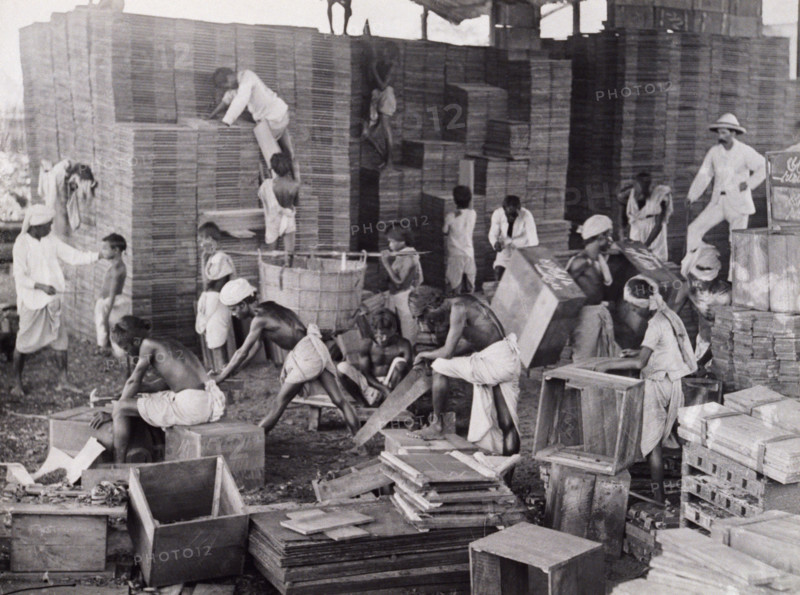 Making tea boxes, Bengal, c1920. Barefoot men and boys assembling crates for packing tea, watched by a European overseer.