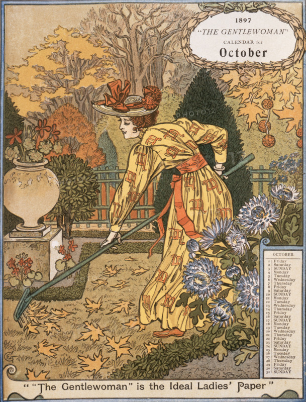 The Gentlewoman Calendar for October 1897. Describing itself as the 'ideal Ladies' paper', "The Gentlewoman" was an illustrated weekly journal published from 1890 until 1926.