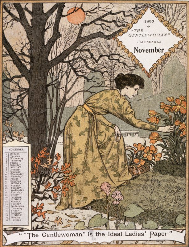 The Gentlewoman Calendar for November 1897. Describing itself as the 'ideal Ladies' paper', "The Gentlewoman" was an illustrated weekly journal published from 1890 until 1926.
