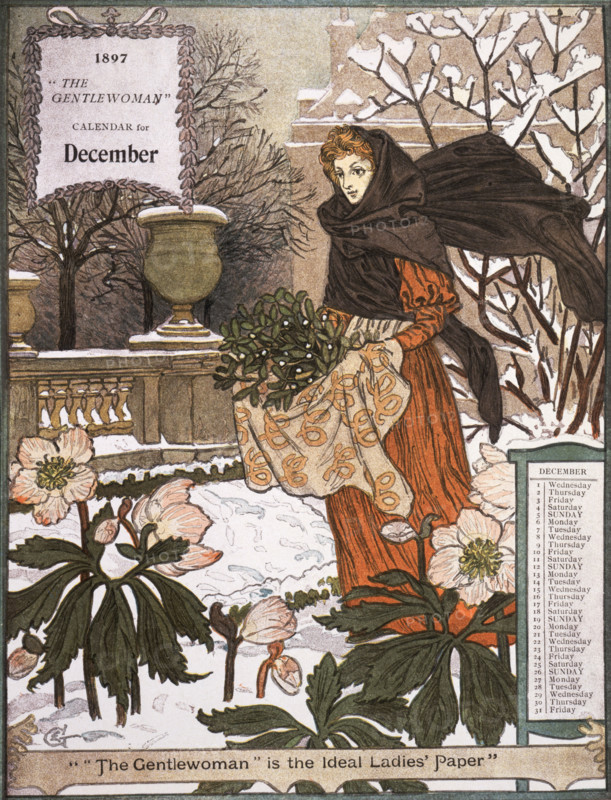The Gentlewoman Calendar for December 1897. Describing itself as the 'ideal Ladies' paper', "The Gentlewoman" was an illustrated weekly journal published from 1890 until 1926.